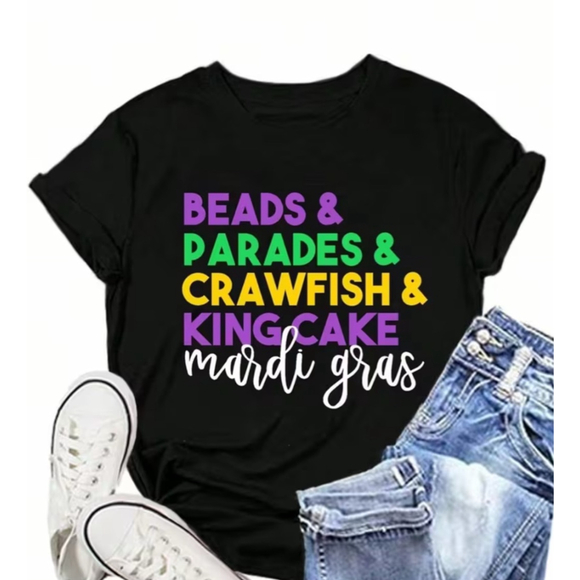 Boutique Tops - Beads, Parades, Crawfish & King Cake Mardi Gras Black Short Unisex Sleeve Tee